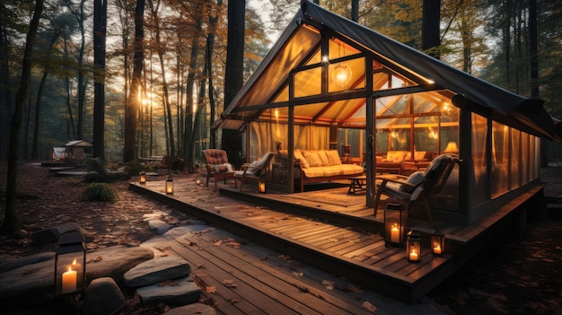 Tienda equipada sobre plataforma para relajarse y acampar en la naturaleza la idea del glamping