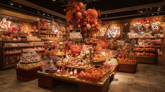 Una tienda con una exhibición de chocolates y otras decoraciones.