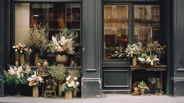 Foto tienda floral callejera con ia generativa con flores coloridas y colores apagados estéticos