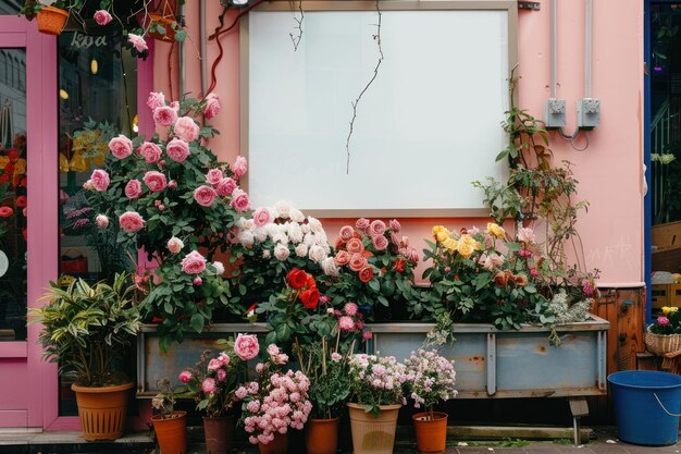 Foto tienda de flores al aire libre de la calle con tablero en blanco