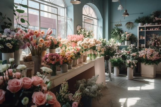 Tienda de flores con ramo floreciente de flores de primavera y colores pastel