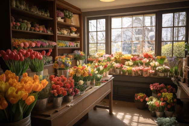 Tienda de flores con variedad de flores coloridas, incluidos tulipanes y narcisos