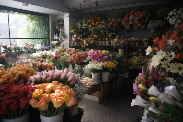 Tienda de flores con una variedad de flores en plena floración para bodas u otras ocasiones especiales