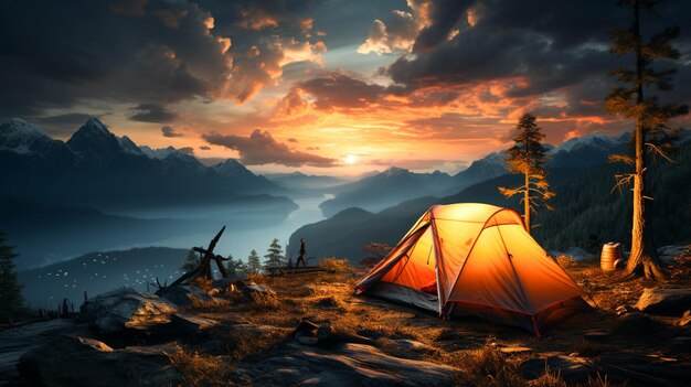 Una tienda en frente de una montaña con poca puesta de sol