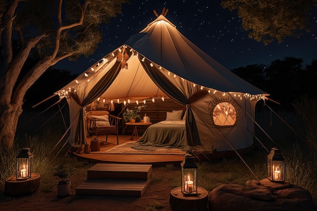 Tienda glamping con farolillos y luces de hadas por la noche