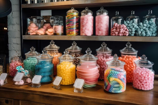 Tienda de golosinas con tema vintage que incluye tarros de gusanos de goma y algodón de azúcar