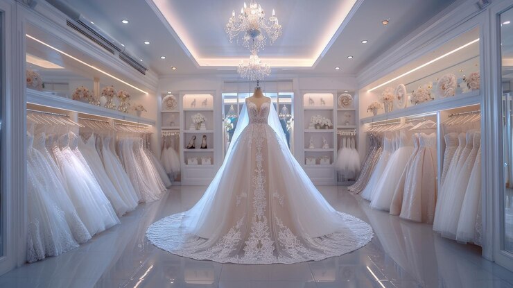 Una tienda con una gran exhibición de vestidos de novia