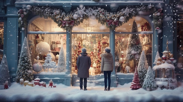 Tienda de juguetes de Año Nuevo cubierta de nieve, dos personas miran una ventana decorada con adornos