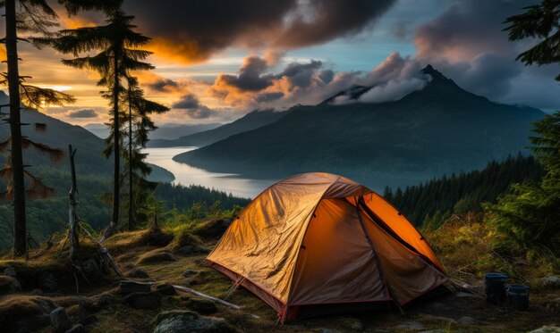 Una tienda levantada en una montaña con un lago en el fondo