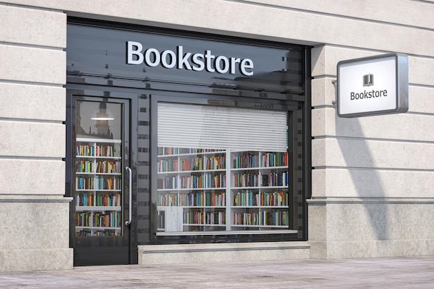 Tienda de librería exterior con libros y libros de texto en escaparate