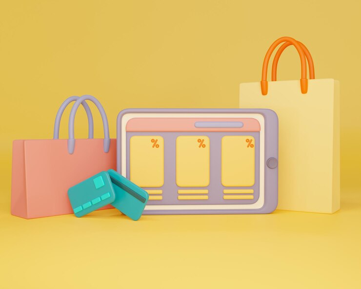 Foto tienda en línea establecer artículos ilustración 3d