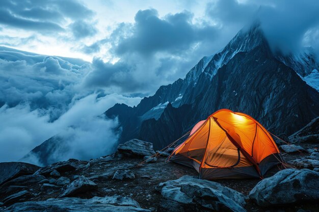 Una tienda en lo alto de una majestuosa montaña