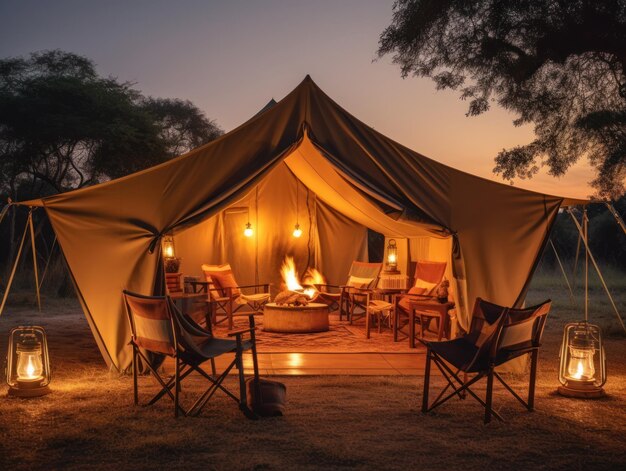 Una tienda de lujo en un safari en el parque nacional del Serengeti