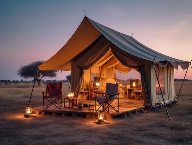 Una tienda de lujo en un safari en el parque nacional del Serengeti