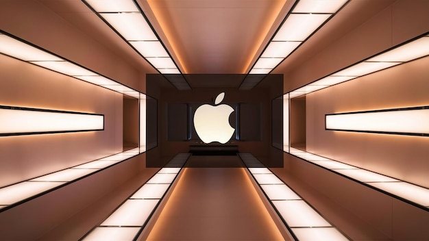 una tienda de manzanas con una fila de estantes con un logotipo de manzana iluminado
