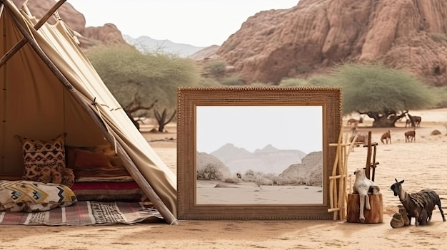 Una tienda con un marco de imágenes y un paisaje desértico en el fondo.