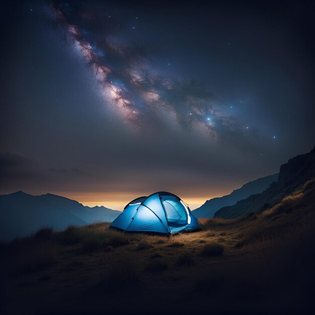 tienda en las montañas durante una hermosa noche llena de estrellas