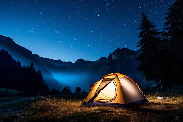 Una tienda en las montañas por la noche con un cielo estrellado y árboles.