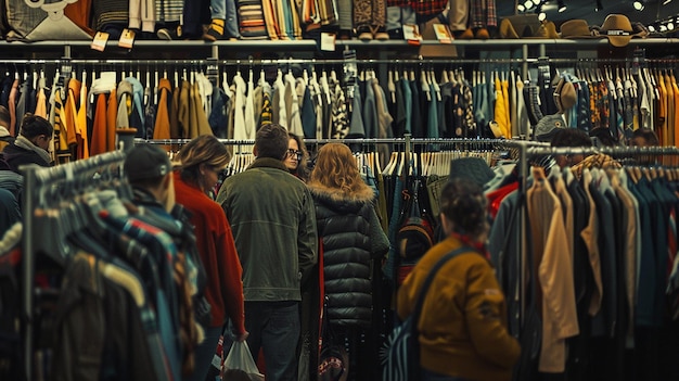 una tienda con mucha ropa en los estantes y personas mirándolas