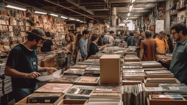 Una tienda con muchos libros en el suelo.