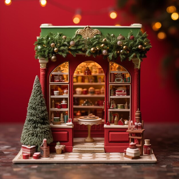 Tienda de Navidad miniatura de fondo rojo