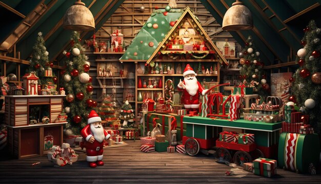 Foto tienda de navidad con papá noel y regalos