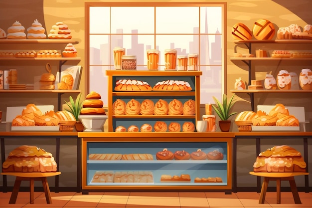 Tienda de panadería AI generativa Vitrinas con bollos de pan y pasteles Baker Estilo de dibujos animados Vector ilu