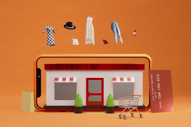 tienda de ropa en línea, carrito, tarjeta de crédito en un fondo naranja. compras en línea.