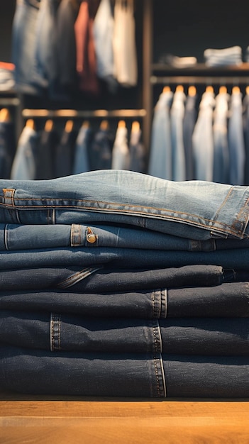 tienda de ropa vaqueros de denim apilados en la mesa fondo borroso papel tapiz móvil vertical