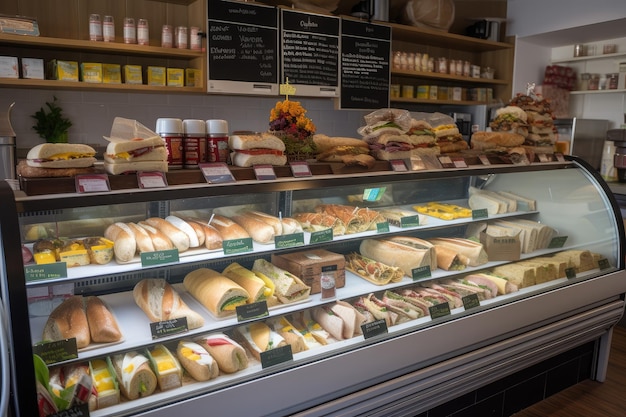 Tienda de sándwiches con una variedad de envolturas de sándwiches y ensaladas en oferta.