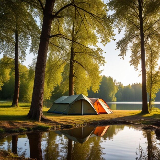 Foto una tienda se sienta en el bosque al lado de un lago