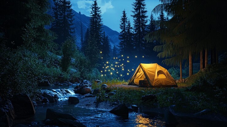 Una tienda solitaria brilla en la noche iluminada por la suave luz de las luciérnagas anidadas en un desierto aislado cerca de un río corriente