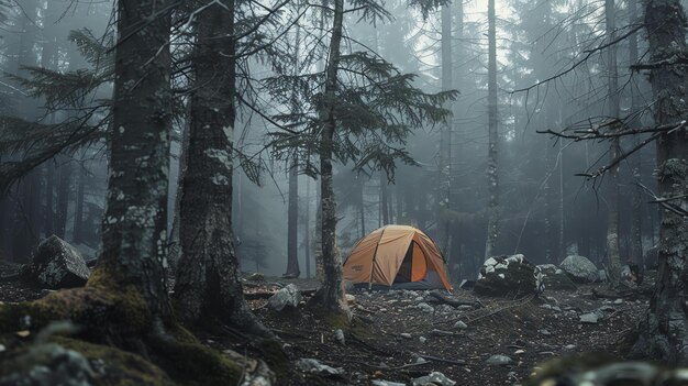 Foto una tienda solitaria se sienta en un claro en medio de un bosque oscuro y brumoso