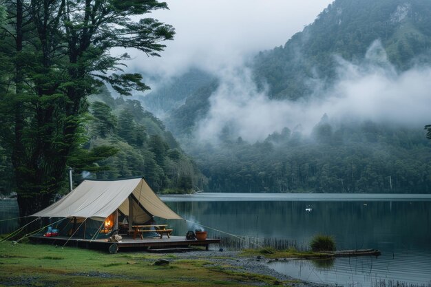 Foto una tienda de turismo cerca del río