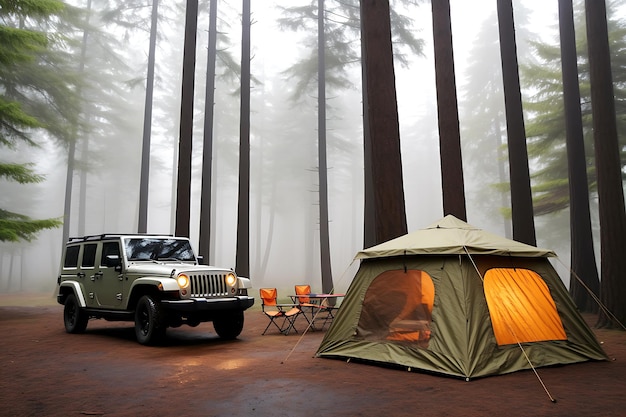 Una tienda turística y un jeep se encuentran en un césped en medio de un bosque en un clima nublado y nublado