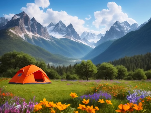 Tienda turística naranja sobre fondo de montañas AI generativa