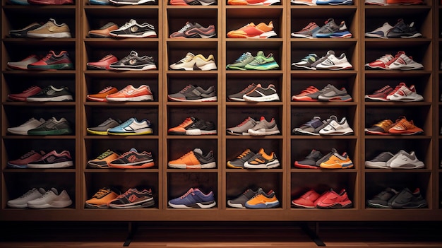 Foto una tienda de zapatos tiene una variedad de colores y patrones