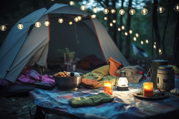 Las tiendas de campaña abiertas al aire libre tienen tiendas de campaña abiertas al aire libre con lona o defectos en la cancha de césped cielo azul oscuro crepúsculo vacaciones familiares y picnics durante las vacaciones y los turistas familiares acampando