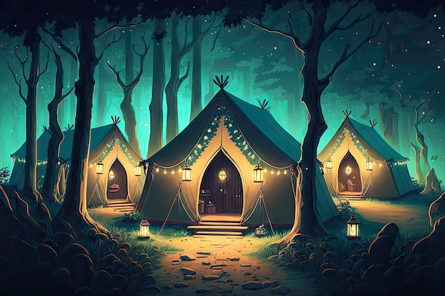 Tiendas de campaña yurtas de camping en el bosque nocturno que brillan intensamente contra el fondo del árbol