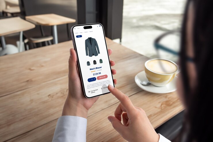 Foto las tiendas femeninas para blazer masculino en el teléfono inteligente concepto de interfaz de aplicación de comercio electrónico moderno para la navegación sin esfuerzo y la compra de ropa elegante