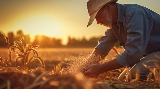 Tiene en la mano trigo fresco en el campo.