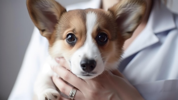 Tierärztin, die kleinen Corgi hält, Nahaufnahme generativer ai