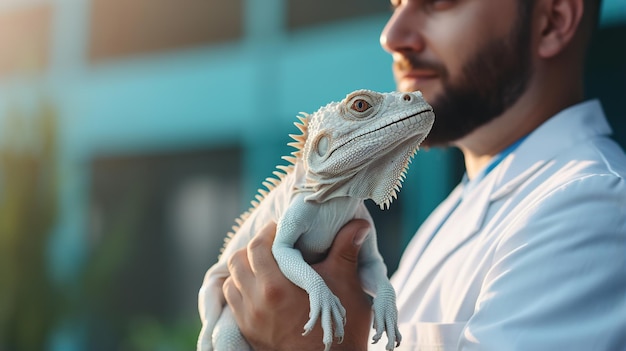 Tierarzt hält eine Iguana in den Händen, Nahaufnahme mit Copyspace