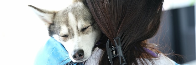 Tierarzt hält niedlichen schlafenden Husky-Hund in den Armen
