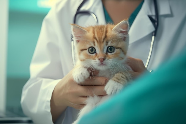 Tierarzt kümmert sich um ein Ginger-Kätzchen Tierarzt untersucht abgeschnittenes Bild Berufsberater kümmert sich mit einem Stethoskop um eine Katze Gesundes Haustier Überprüfung Besuch in einer modernen Tierklinik Generative KI