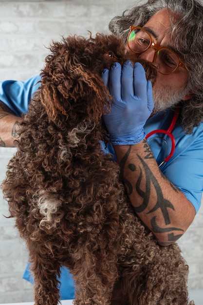 Foto tierarzt küsst einen hund im tierarztbüro