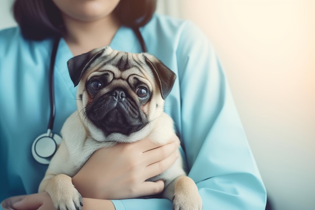 Tierarzt streichelt einen Pugs Hund Hund Tierarzt untersucht abgeschnittenes Bild Facharzt kümmert sich mit einem Stethoskop um einen Welpen gesundes Haustier Überprüfung Besuch in einer modernen Tierklinik Generative KI