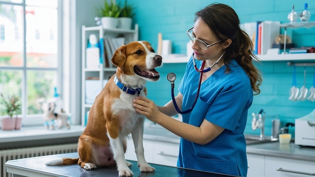 Tierarzt überprüft den Hund mit einem Stethoskop auf dem Tisch in einer Tierklinik