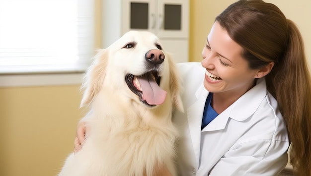 Tierarzt und Golden Retriever in der Tierklinik Gesundheitskonzept