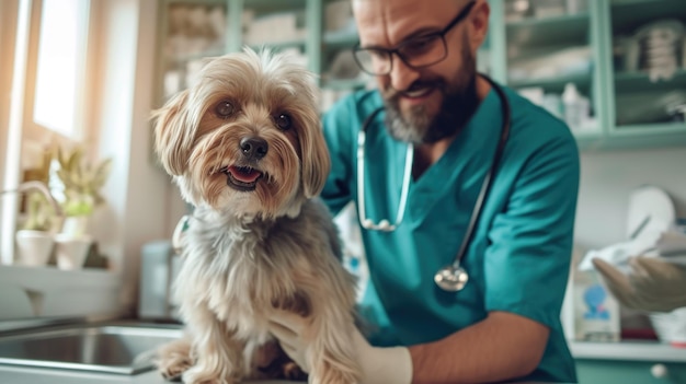 Tierarzt untersucht Hund, der auf der Küchenplatte sitzt